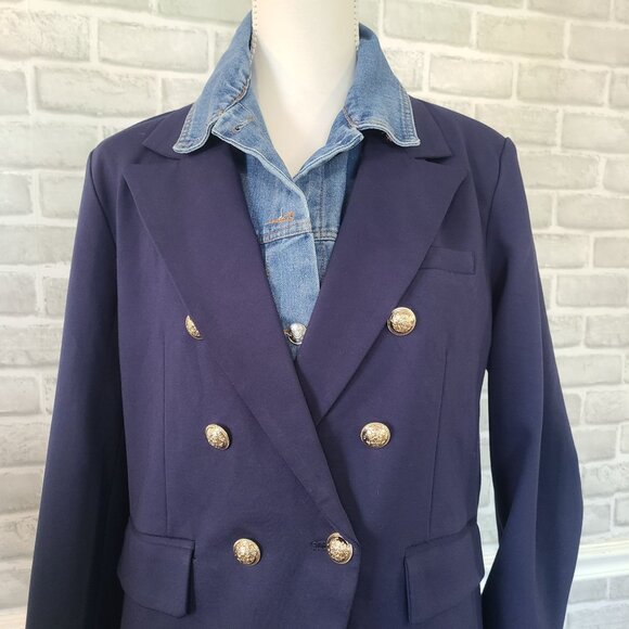 Dolan Double Breasted Navy Ponte Miller Blazer Removable Denim Dickey L NWOT - Picture 2 of 14